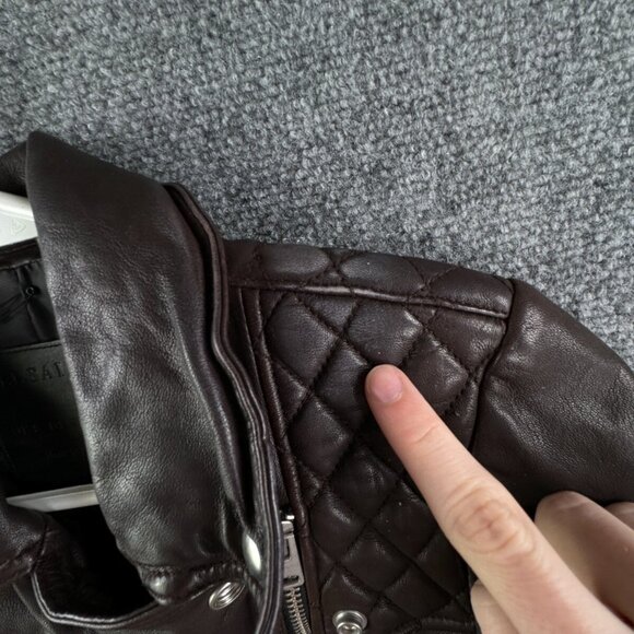 Allsaints Leather Jacket Brown Women Size 4 Zip Pockets Grunge Catch Biker - Picture 15 of 16